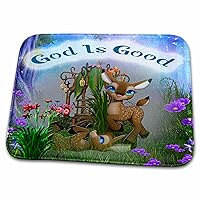 3dRose Cute deer in flower garden with God is good saying - Dish Drying Mats (ddm-384411-1)