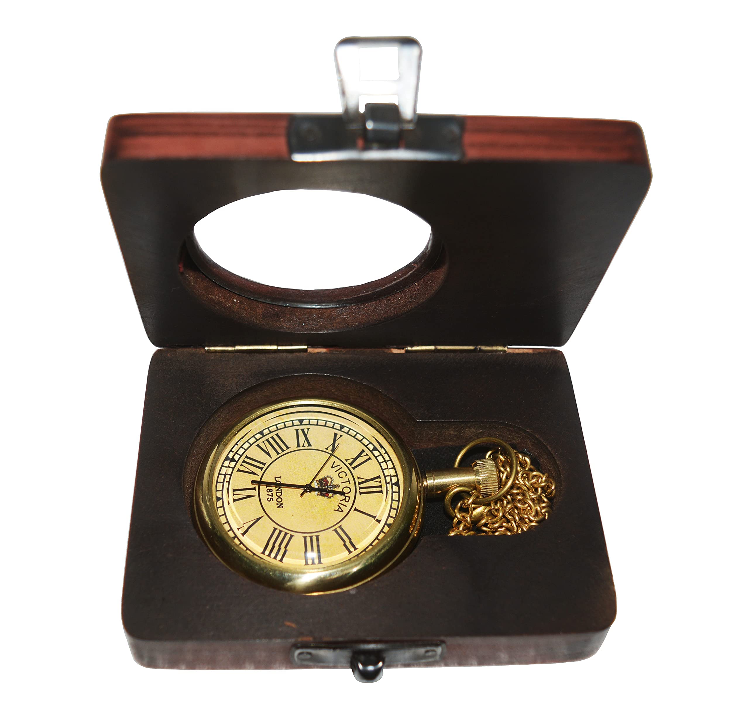Hassanhandicrafts Antique Vintage Maritime Victoria London Brass Pocket Watch with Wooden Box