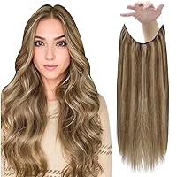 Fshine Human Hair Extensions Wire Hair Balayage Warm Brown Highlighted Honey Blonde 70g Hair Extensions Straight Wire Extensions Hairpiece with Transparent Fish Line 14 Inch