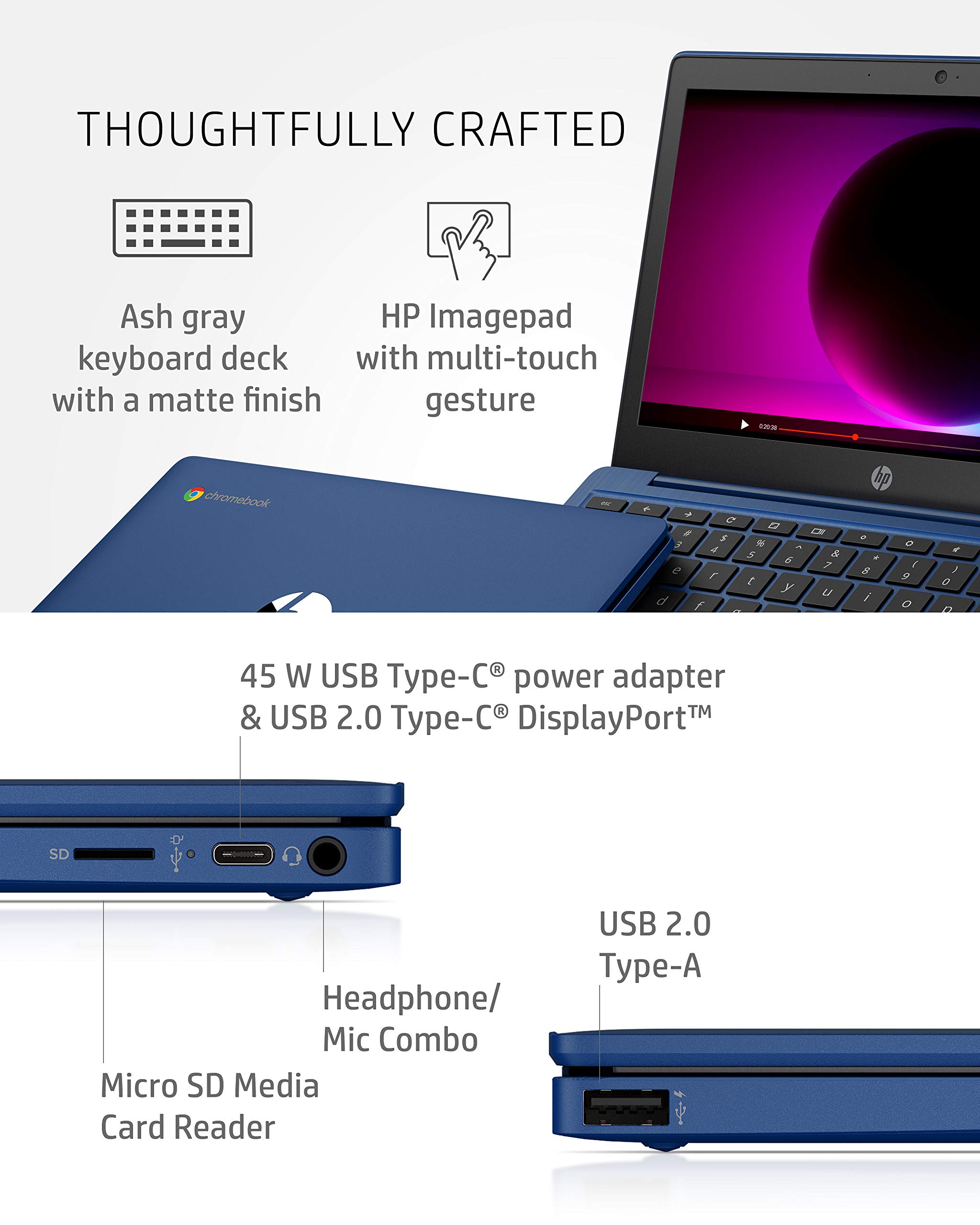 HP Chromebook 11-inch Laptop - MediaTek - MT8183 - 4 GB RAM - 32 GB eMMC Storage - 11.6-inch HD Display - with Chrome OS™ - (11a-na0030nr, 2020 model, Indigo Blue)