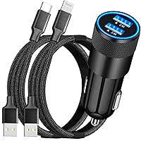 [Apple MFi Certified] iPhone 15 Car Charger Fast Charging, Rombica 4.8A Power Cigarette Lighter USB Charger+USB-C Braided Cable&Lightning Cable for iPhone 15/15 Pro/15 Pro Max/14/13/12/11/XS/XR/X/iPad