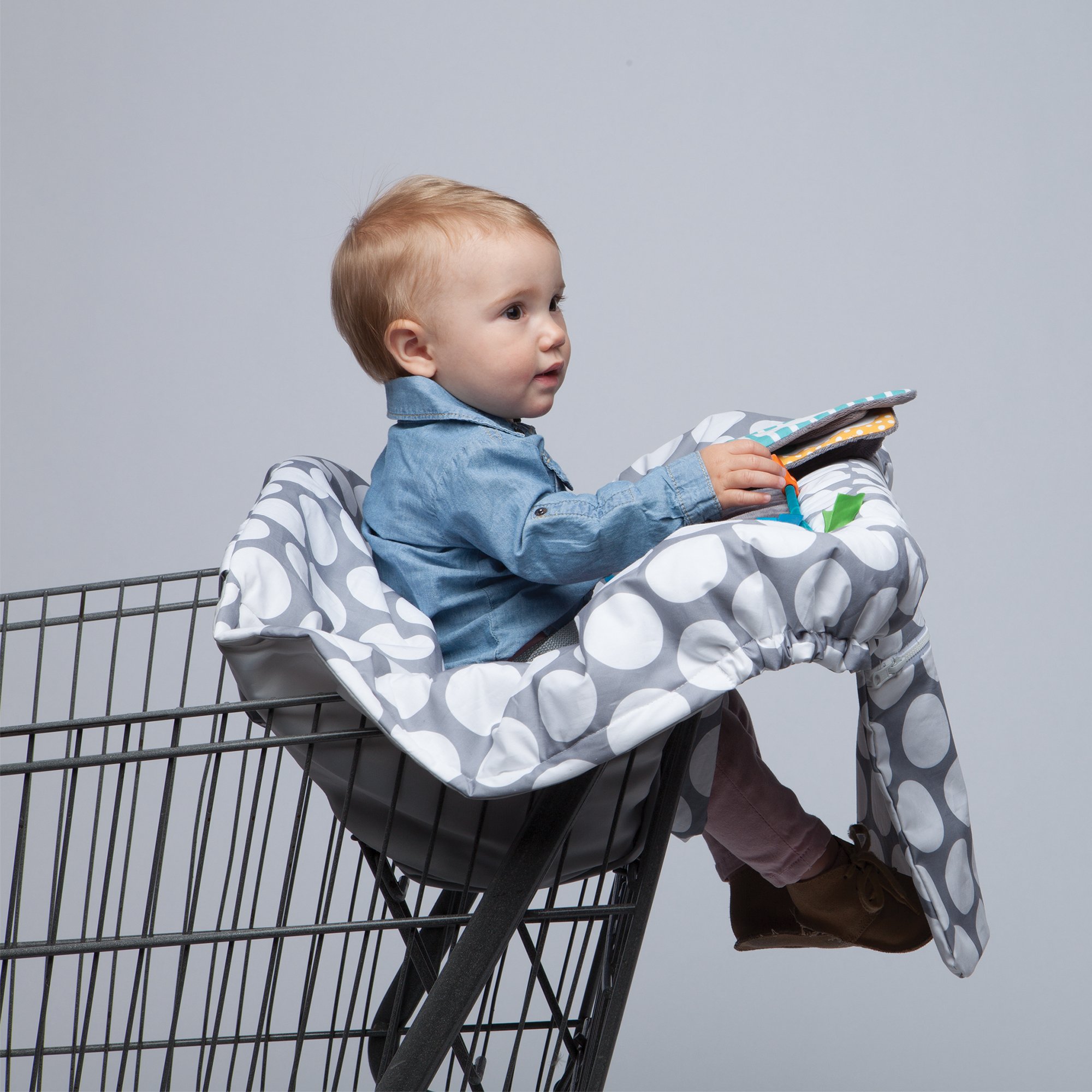 Boppy Preferred Shopping Cart and High Chair Cover with Storage Pouch, Gray Jumbo Dots with Changeable SlideLine Toy, Plush Minky Seat, 2-point Safety Belt, Wipeable and Machine Washable, 6-48 months