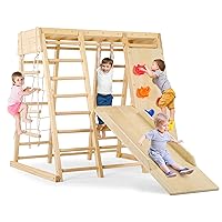 Indoor Playground 7 Functions Jungle Gym Baby Climbing Toys, Montessori Waldorf Style Wooden Toddlers Climber Playset for Children Kids 2-7 with Slide, Climbing Wall, Rope Wall Net, Swing, Ladder