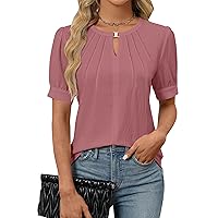 Blooming Jelly Womens Dressy Casual Tops Keyhole Business Work Blouses Pleated Puff Sleeve Summer Shirts