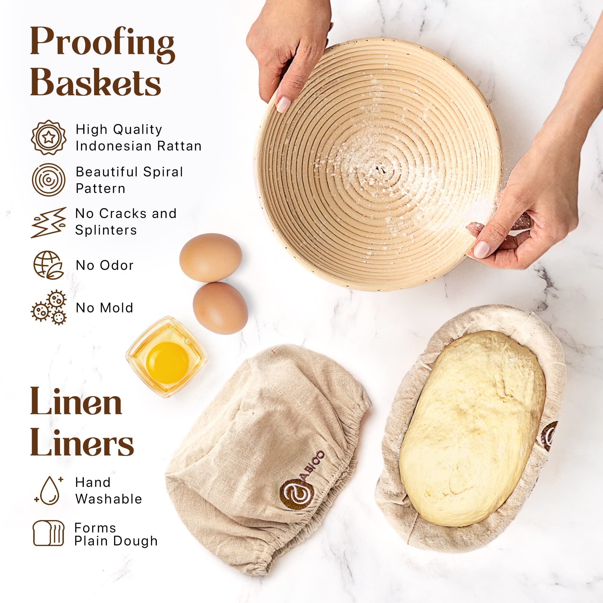 Banneton Bread Proofing Basket Set of 2 with Sourdough Bread Baking Supplies - A Complete Bread Making Kit Including 9