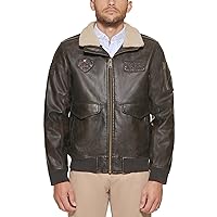 Tommy Hilfiger Men's Faux Leather Bomber Jacket, Dark Brown Laydown Collar