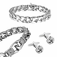 URBAN JEWELRY Amazing Bundle Stainless Steel Men's link Bracelet Silver with Stunning Mens Nautical Knot Stainless Steel Cufflinks+ Beautiful 21 inch Fleur De Lis Chain Necklace Chain in 316L Stainles