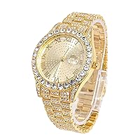 Halukakah Men's Diamond Gold Watch, 18 K Real Gold-Plated/Platinum White, 42 mm Round Design, Bracelet with Hand-set Laboratory Diamonds (24 cm), Cuban Link Chain (20 + 45 cm Necklace Bracelet) with