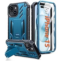 FNTCASE for iPhone 15 Phone Case: Military Grade Shockproof Full Protection Hard Phonecase with Kickstand - Dual Layer Matte Textured Drop Proof Rugged Protective Cover - 6.1 Inch Blue