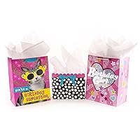 Hallmark Assorted Birthday Gift Bag Bundle for Girl with Tissue Paper - Pink Cat, Polka Dots, Heart (Pack of 3: 2 Large 13