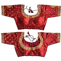 Phantom Silk Saree Sari Blouse Back Design Thread Floral Embroidery Half Sleeve Readymade for Women