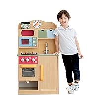 Little Chef Florence Classic Interactive Wooden Play Kitchen with Accessories and Storage Space for Easy Clean Up, Wood Grain with Red and Yellow Accents