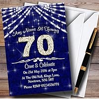 70Th Navy Blue & White Bling Sparkle Birthday Party Personalized Invitations