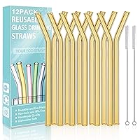 Reusable Bent Glass Drinking Straws,Set of 12 Bent Straws With 2 Cleaning Brushes,Shatter Resistant,Non-Toxic,Eco Friendly Reusable Straws (Orange 12 Pack)