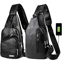 Peicees Pack of 2 Leather Sling Bag Mens Crossbody Bag Chest Bag Sling Backpack for Men with USB Charge Port, Classic Black & Vertical Zipper Black