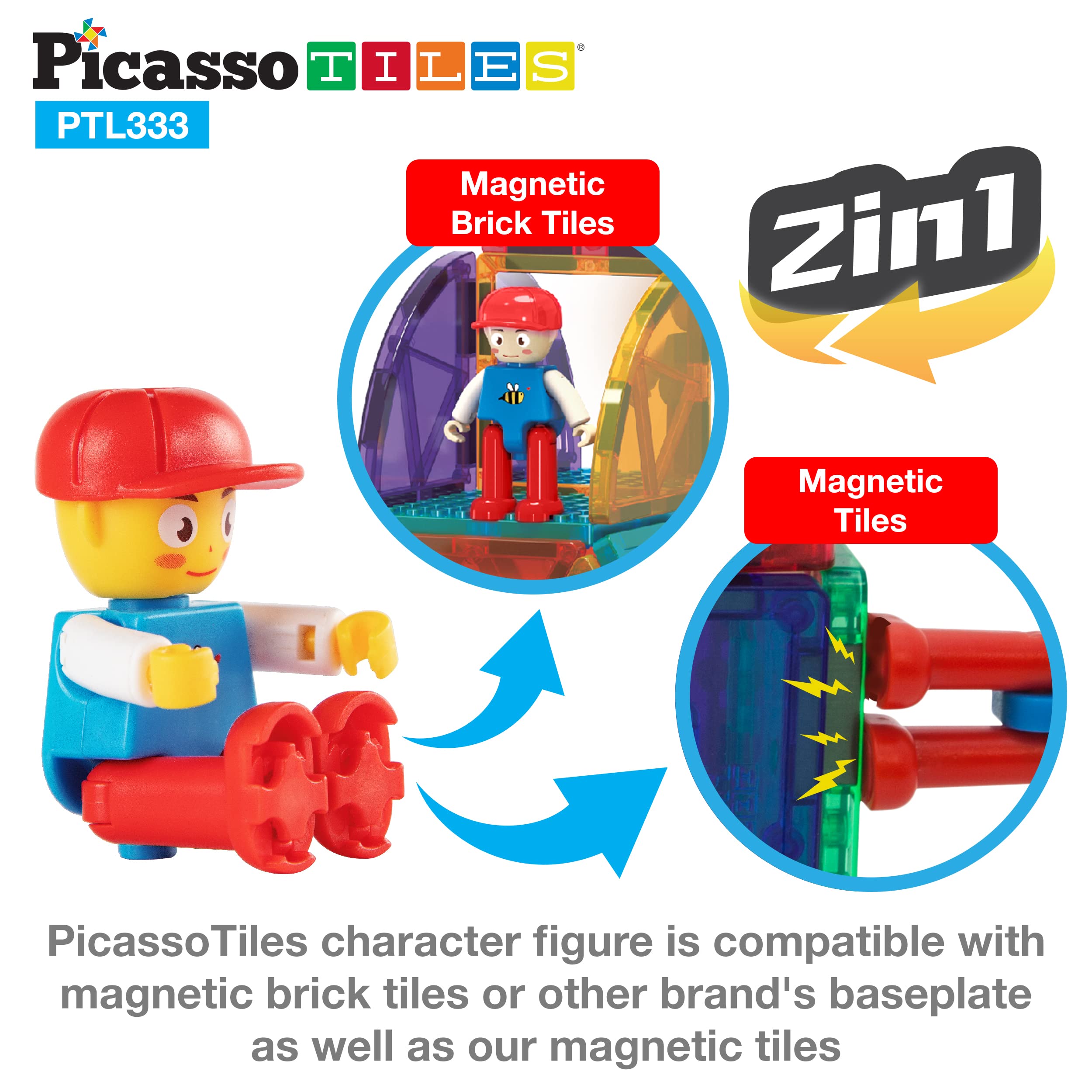 PicassoTiles Building Brick + Magnetic Brick Magnetic Tile Combo Set, 1250 pcs 6 Shape, 11 Color Vibrant Sensory Mix & Match Brick Building, 333pcs Building Blocks STEM Toys, Action Figures Included