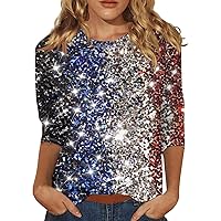 Womens 3/4 Length Sleeve Summer Tops Patriotic 4Th of July Shirts Casual Crew Neck Blouses Flag Printed Graphic Tees