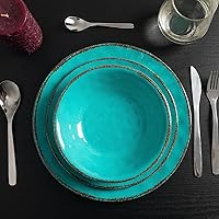 Rustic Melamine Dinnerware Sets, 12-piece Dishes Plastic Dinnerware Set for 4, Break-resistant Plates and Bowls Set, Outdoor Casual & Party Use Kitchen Dishes Set, Teal…