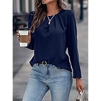 Women's Shirts Women's Tops Shirts for Women Solid Plicated Detail Puff Sleeve Blouse (Color : Navy Blue, Size : Medium)