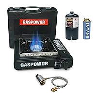 Propane or Butane Stove with Windblocker, Dual Fuel 10000 BTU Propane Stove for Camping, Automatic ignition Gas Portable Stove for Huting, Hiking（With Propane Adapter Hose and Carrying Case）