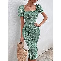 Women's Dress Floral Puff Sleeve Shirred Bodycon Dress Women's Dress (Color : Multicolor, Size : Small)