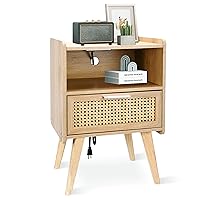 Nightstand with Charging Station, Side Table with Drawers, Rattan Bed Side Table, End Table, Rattan Nightstand with Boho Desk for Living Room,Bedroom, Natural CTG58YE