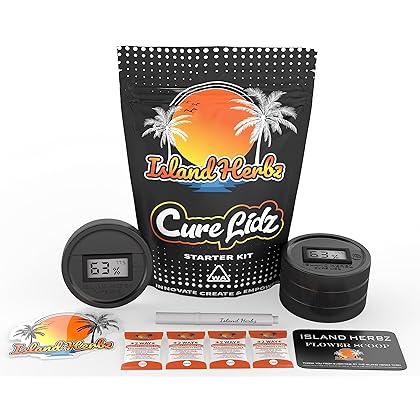 ISLAND HERBZ Digital Curing Kit - Fits All Wide Mouth Mason Jar Containers - Kit includes 4 Digital Hygrometer Lids with 4 Organic 2 Way Controllers 1 Scoop Card 1 White Marker and 1 Slap-On