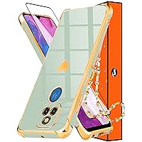 Shorogyt (3in1 Heart Case for Motorola Moto G Play 2021 6.5 Inch Women Cute Aesthetic Love Hearts Pattern Girls Mint Green Gold Luxury Girly Design Phone Cases Cover+Screen+Chain for G Play 2021
