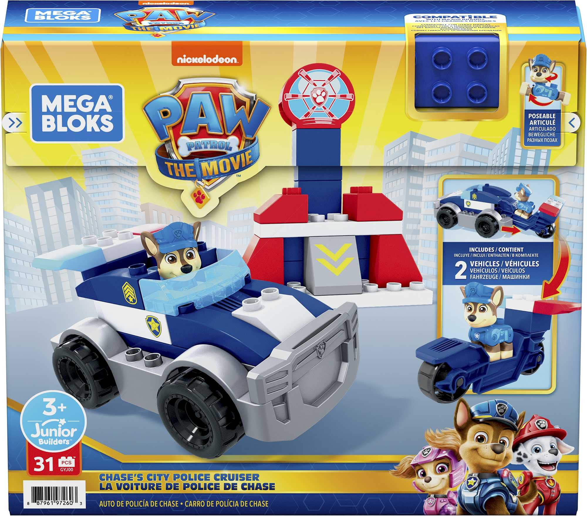 MEGA BLOKS Paw Patrol Toddler Building Blocks Toy Car, Chase's City Police Cruiser with 31 Pieces, 1 Figure, Gift Ideas for Kids Age 3+ Years