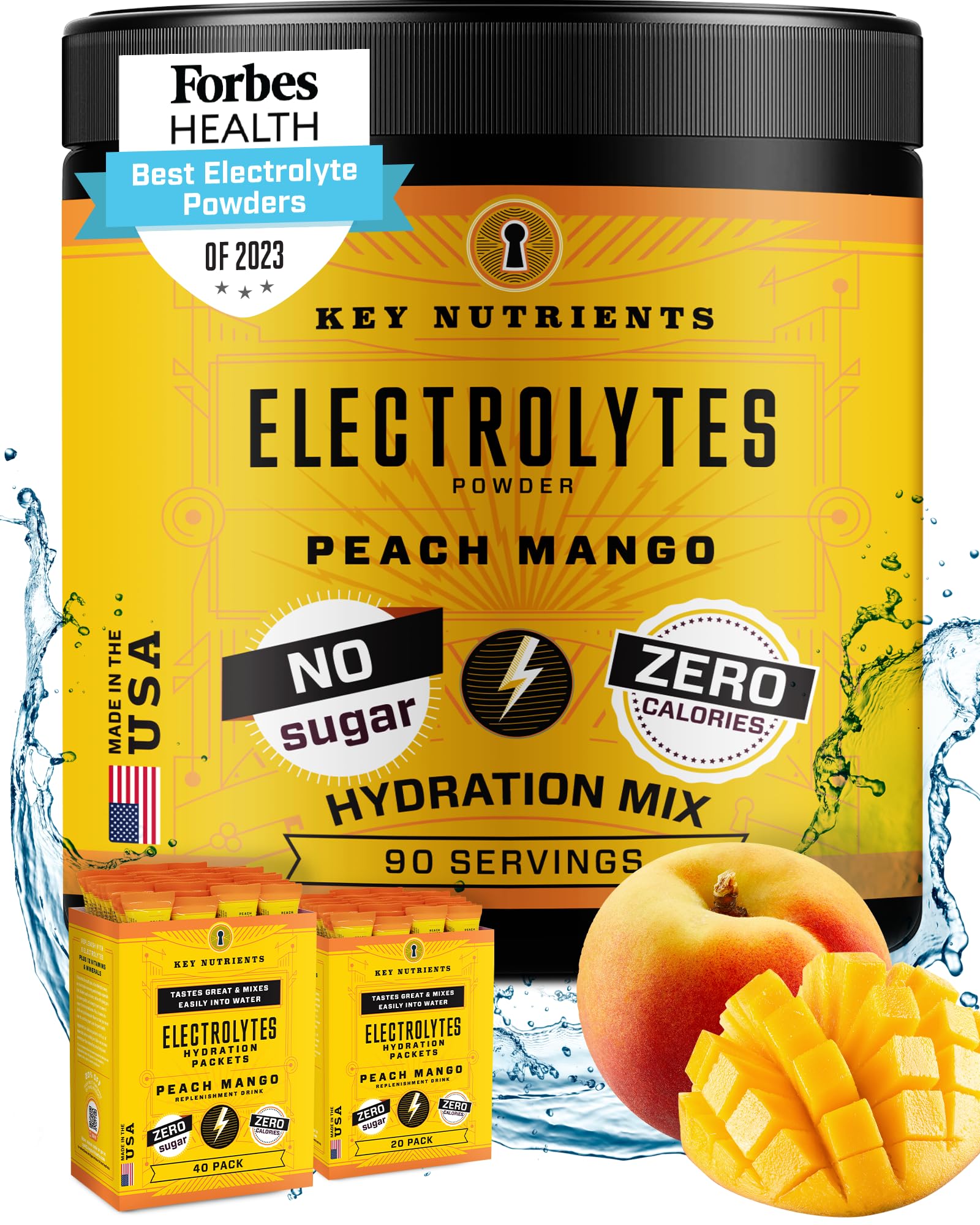 KEY NUTRIENTS Electrolytes Powder No Sugar - Tropical Peach-Mango Electrolyte Drink Mix - Hydration Powder - No Calories, Gluten Free - Powder and Packets (20, 40 or 90 Servings)