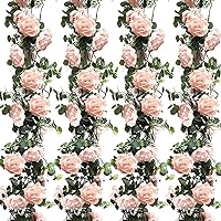 4 Pack 26 Ft Artificial Eucalyptus Vines Garland with Flowers Flower Garland Silk Floral Garland Rose Garland for Wedding Party Arch Table Decor Backdrop Decorations (Light Pink)