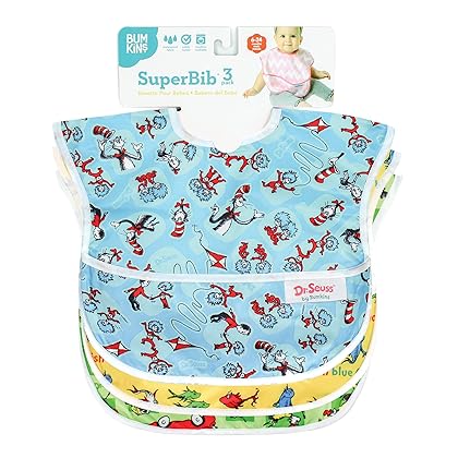 Bumkins Dr Seuss SuperBib, Baby Bib, Waterproof, Washable, Stain and Odor Resistant, 6-24 Months (Pack of 3) - Green Eggs, Yellow Fish, Cat In The Hat