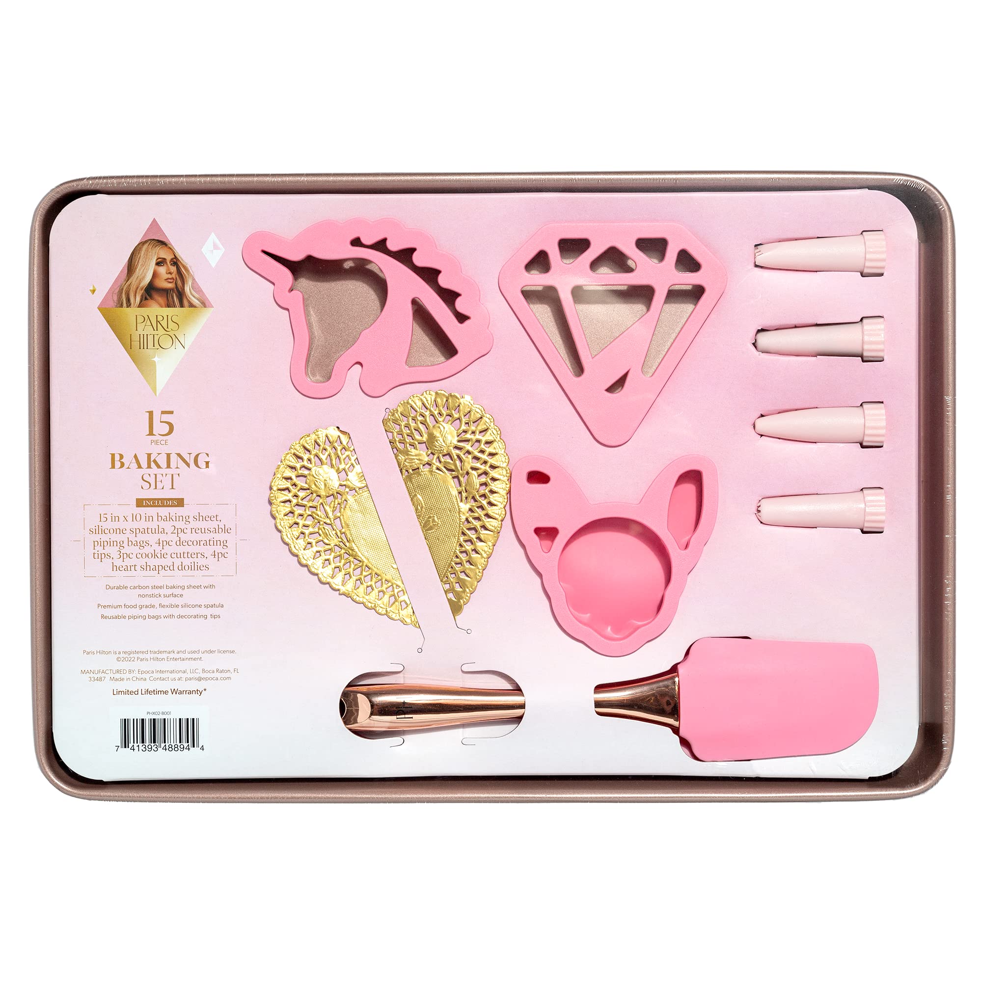 Paris Hilton Cookie Decorating Set with Nonstick Cookie Baking Sheet, Iconic Cookie Cutter Shapes, Reusable Piping Bags and Decorating Tips, Silicone Spatula, Pink