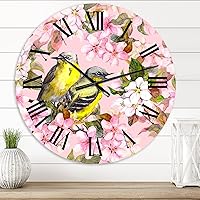 Traditional Wall Clock 'Pink Cherry Sakura and Apple Flowers with Birds I' Animals Large Wall Clock for Home Decor