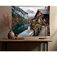 QGHOT Nature Landscape Tapestry Mountain River Plant Tree Tapestry Wall Hanging Natural Scenery Lake House Tapestry Wooden Cabin Wall Tapestry for Bedroom Living Room Dorm (90.6