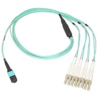 Plenum Fiber Optic Cable, 40 Gigabit Ethernet QSFP 40GBase-SR4 to MTP(MPO)/LC (4 Duplex LC) 24 inch Breakout Cable, OM3, 50/125, 5 Meter (16.5 feet)