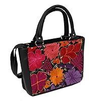 NOVICA Artisan Handmade Cotton Accent Leather Handbag Floral from Mexico Black Multicolor Handle Shoulder Embroidered 'Bouquet of Flowers'