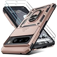 for Google Pixel 8 Pro Case with Screen Protector,Heavy Duty Shockproof Full Body Protective Phone Cover,Built in Slide Camera Lens Cover+Finger Ring Stable Kickstand,Rose Gold