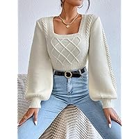 Women's Sweater Cable Knit Square Neck Lantern Sleeve Sweater Sweater for Women (Color : Apricot, Size : Medium)
