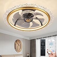 EKIZNSN Bladeless Ceiling Fan with Light Flush Mount for Bedroom, 24 Inch Invisible Ceiling Fan with Light, Crystal Ceiling Light with Fan Enclosed Blades, Gold