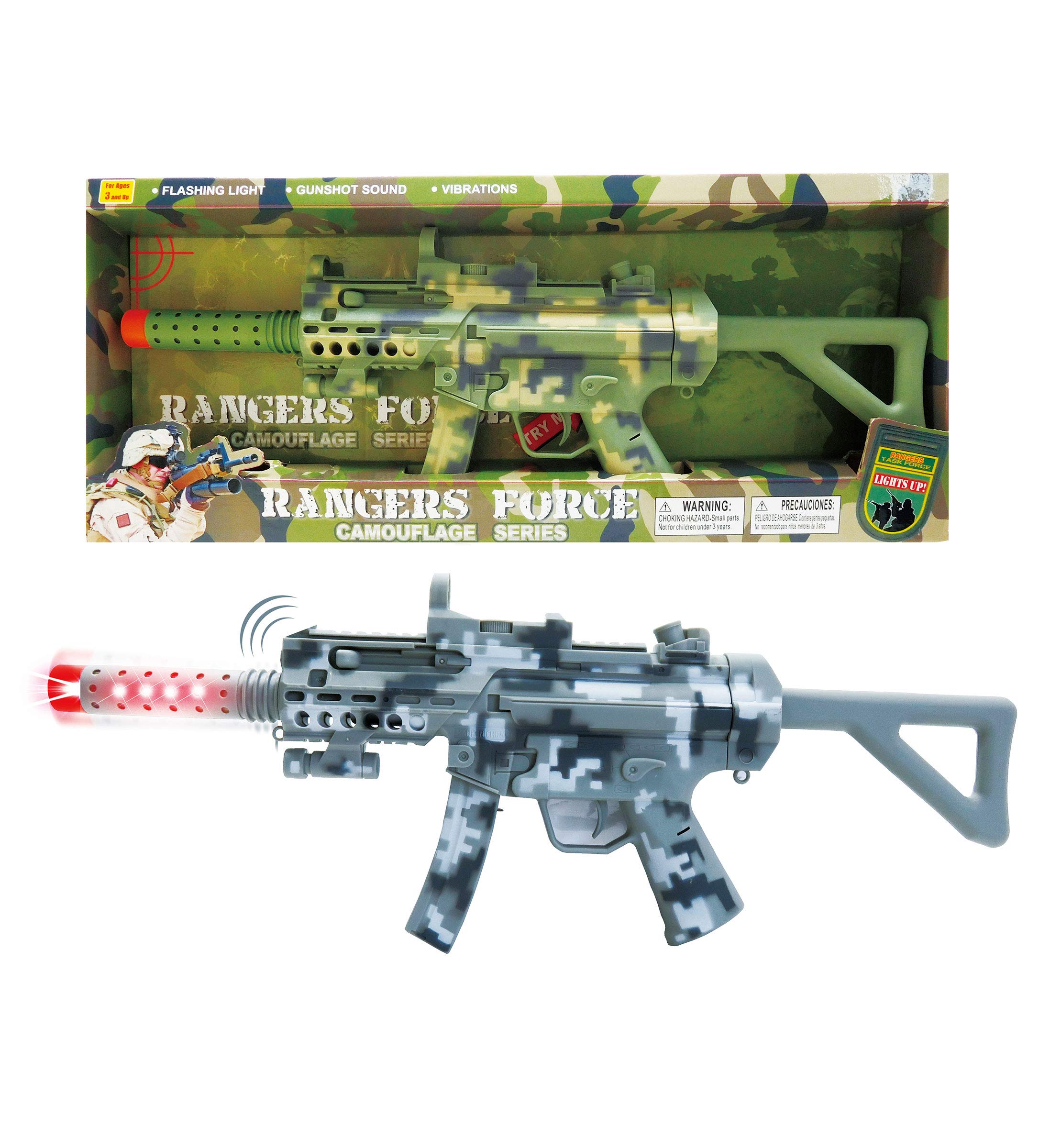 Mozlly Light Up Military Combat Force Camouflage Machine Gun - Rangers Force Camouflage Toy Gun with Vibration LEDs and Sounds, Perfect for Pretend Play, Dress Up, Cosplay - 21.5 Inch, Color May Vary