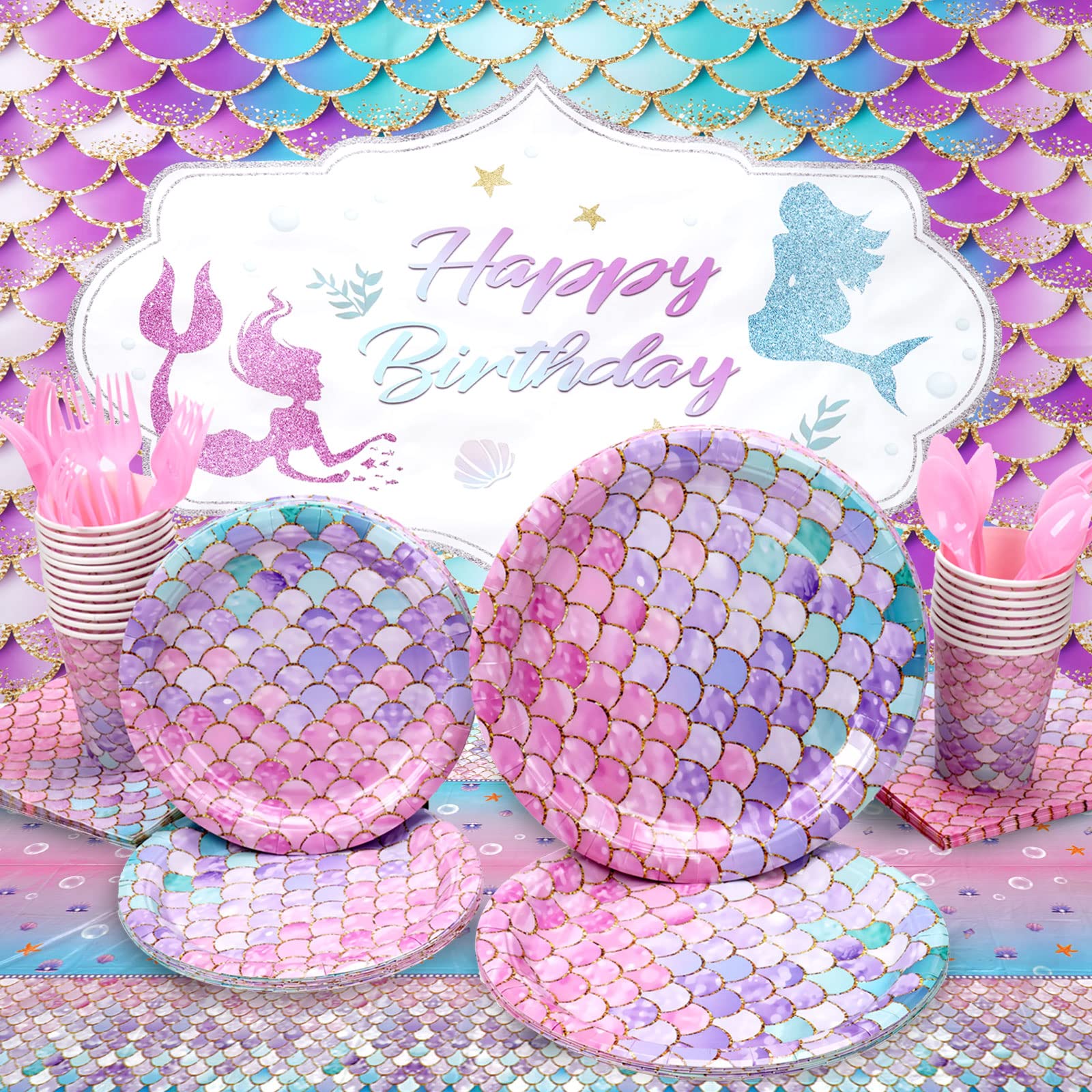 Mermaid Party Decorations Mermaid theme Birthday Decorations Party Supplies Girl Disposable Dinnerware(Serve 20) Includes Tablecloth Tableware Plates Napkins Cups Backdrop