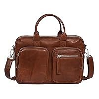 Pure Leather Briefcase Laptop Office Business Bag Multi Pockets Satchel Cognac - Otis, Cognac, L, Briefcase