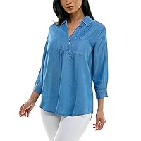 Zac & Rachel Women's Tencel Long Sleeve Pull Over Top with Front Chest Pocket, Collar Neck and Adjustable Button Up Neckline