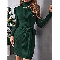 Dresses for Women Women's Dress High Neck Belted Gigot Sleeve Bodycon Dress Dress (Color : Green, Size : X-Large)