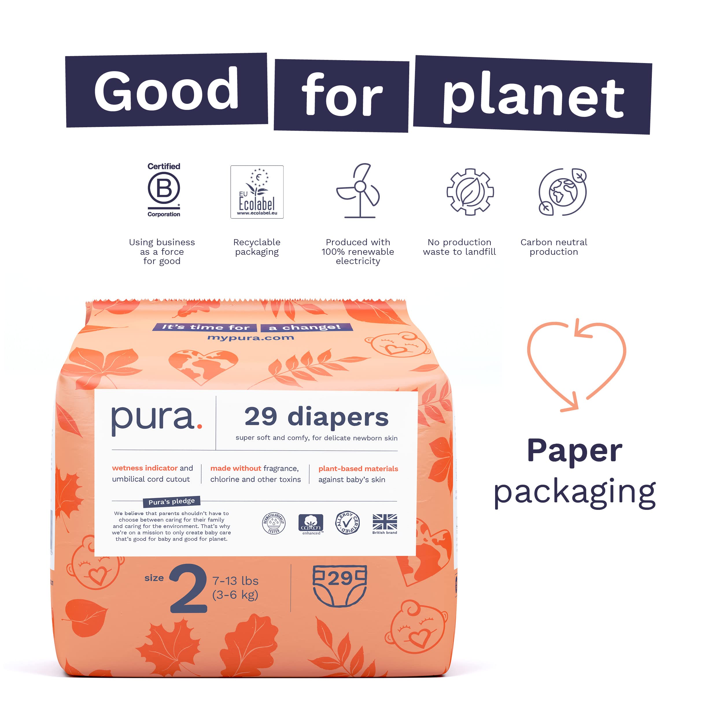 Pura Size 2 Eco-Friendly Diapers (7-13lbs) Hypoallergenic, Soft Organic Cotton Comfort, Sustainable, Wetness Indicator, Allergy UK, Recyclable Paper Packaging. 3 Packs of 29 (87 Baby Diapers)