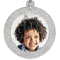 2022 Christmas Photo Frame Ornament, Magnetic Glitter with Non-Glare Photo Protector, Round - Silver