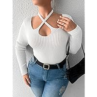 Casual Ladies Comfortable Plus Size Sweater Plus Crisscross Tie Back Ribbed Knit Sweater Leisure Perfect Comfortable Eye-catching (Color : White, Size : X-Large)