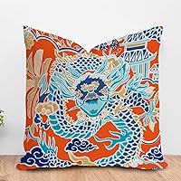 ArogGeld Blue Teal Asian Dragon Pillow Covers Dragon Orange Navy Blue Turquoise Decorative Cushion Covers Traditional Chinese Chinoiserie Farmhouse Accent Pillow for Sofa 20x20in White Flax