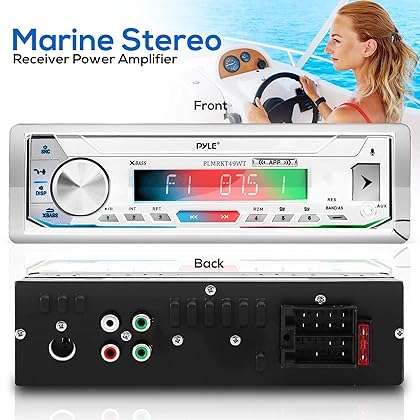 Pyle Bluetooth Marine Receiver Stereo & Speaker Kit - 300W Single DIN Boat Marine Head Unit, Mic, Hands-Free Calling, AUX, MP3/USB/SD, AM/FM Radio, Remote Control - PLMRKT49WT (White)